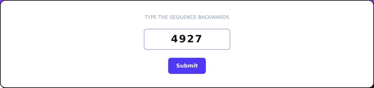 Screenshot of the Backward Digit Span Test Practice mid-round: recall sequences in reverse order