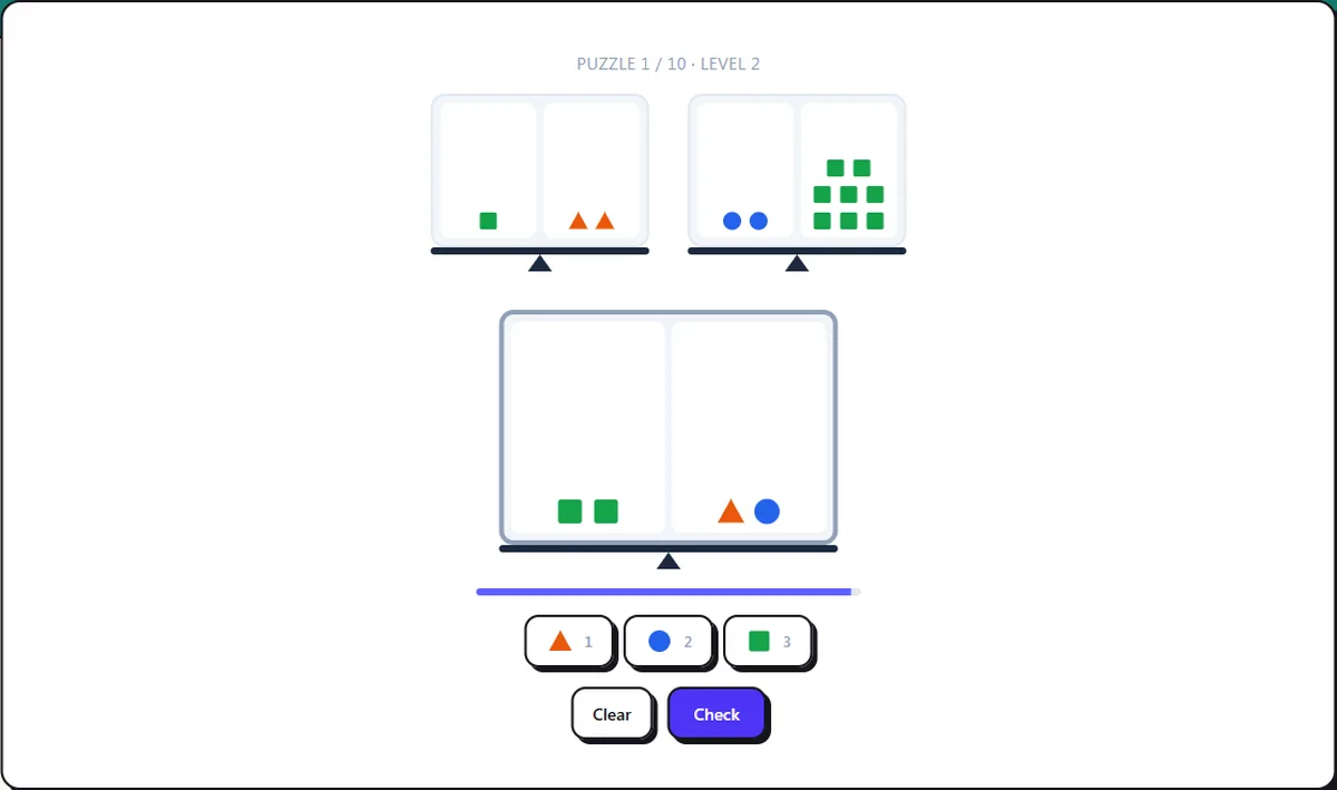 Screenshot of the Balance (Scales) Game Practice mid-round: work out the hidden weights, balance the last scale