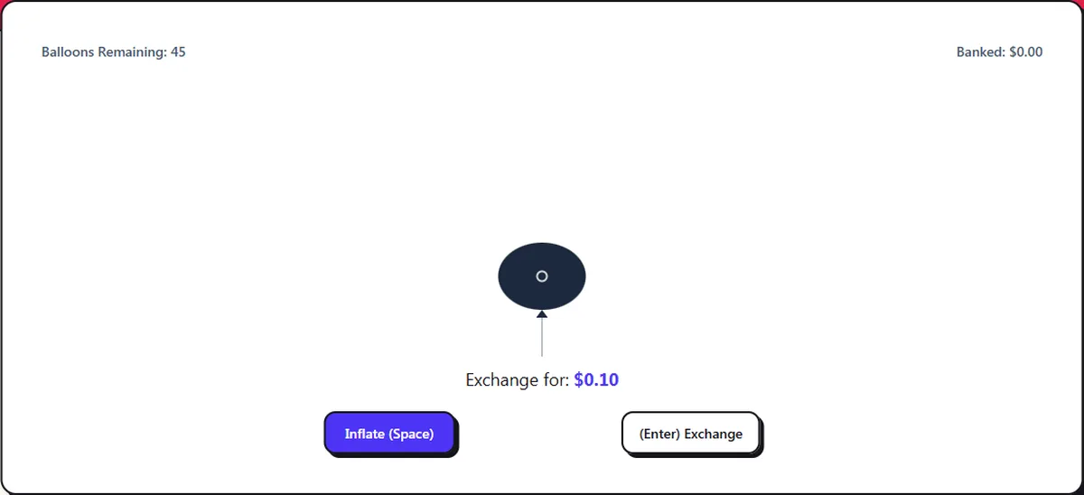 Screenshot of the Balloon Game Practice mid-round: inflate for $0.05 a pump, exchange before it pops