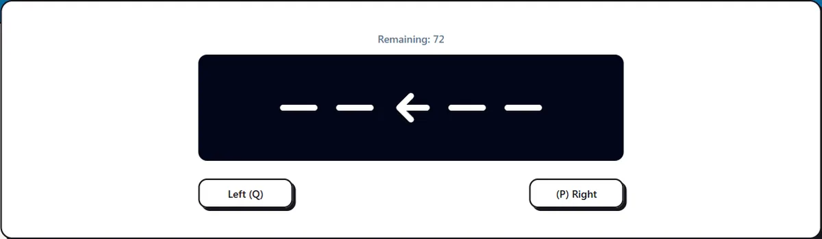 Screenshot of the Direction (Arrows) Game Practice mid-round: answer the middle arrow, faster every round