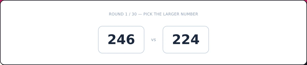 Screenshot of the Disco Numbers Game Practice mid-round: pick the larger number, fast