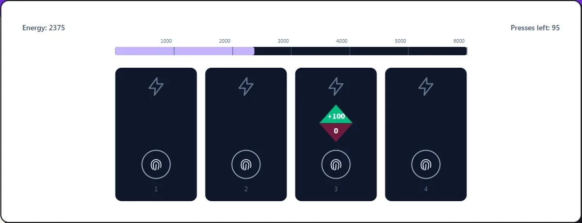 Screenshot of the Energy (Power Generator) Game Practice mid-round: four generators: learn which ones really pay off
