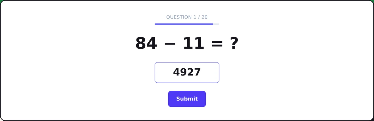 Screenshot of the Mental Math Test Practice (Numerical Reasoning) mid-round: solve rapid arithmetic against the clock