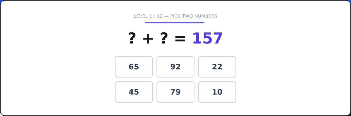 Screenshot of the Numerosity Game Practice mid-round: combine numbers to hit the target
