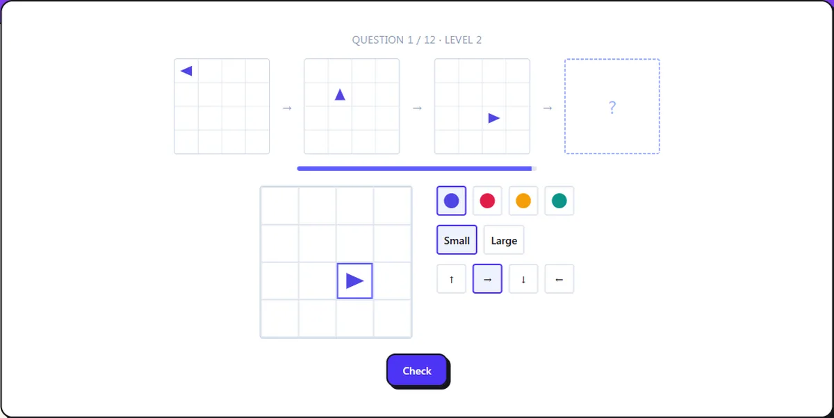Screenshot of the Order (Next Frame) Game Practice mid-round: spot the rules across three frames, build the fourth