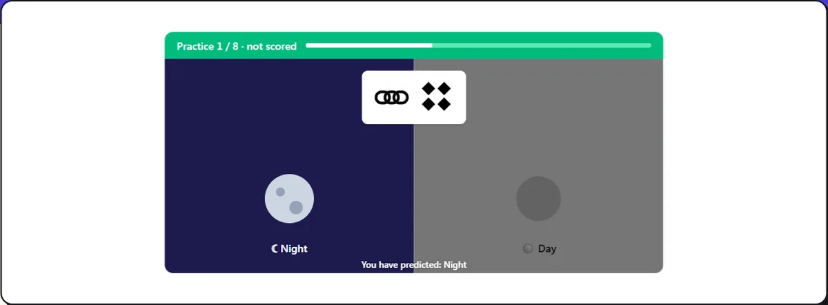 Screenshot of the Predict (Day & Night) Game Practice mid-round: learn which pairs mean Day and which mean Night