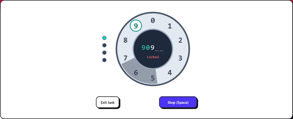 Screenshot of the Lock (Security) Game Practice mid-round: four locks, one miss and you start again