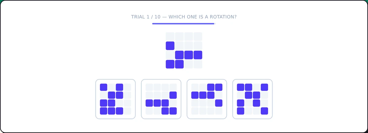 Screenshot of the Mental Rotation Test Practice (Shapedance) mid-round: match the rotated shape, reject mirrors