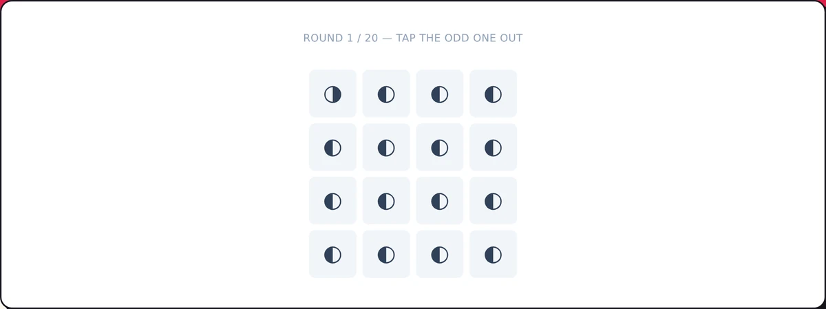 Screenshot of the Singularity Game Practice (Odd One Out) mid-round: find the one shape that differs