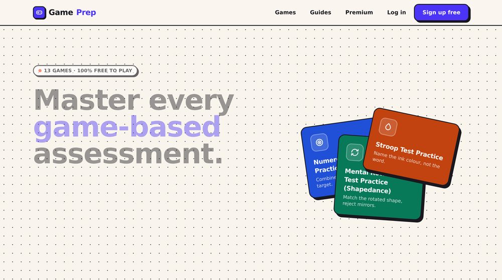 Screenshot of the GamePrep app — Practice HireVue-style game-based assessment tests, free.
